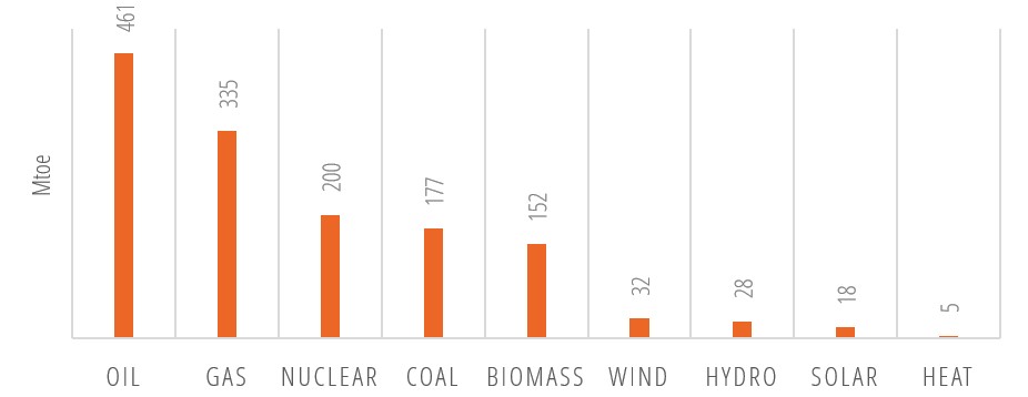 EU primary energy consumption per fuel, 2019